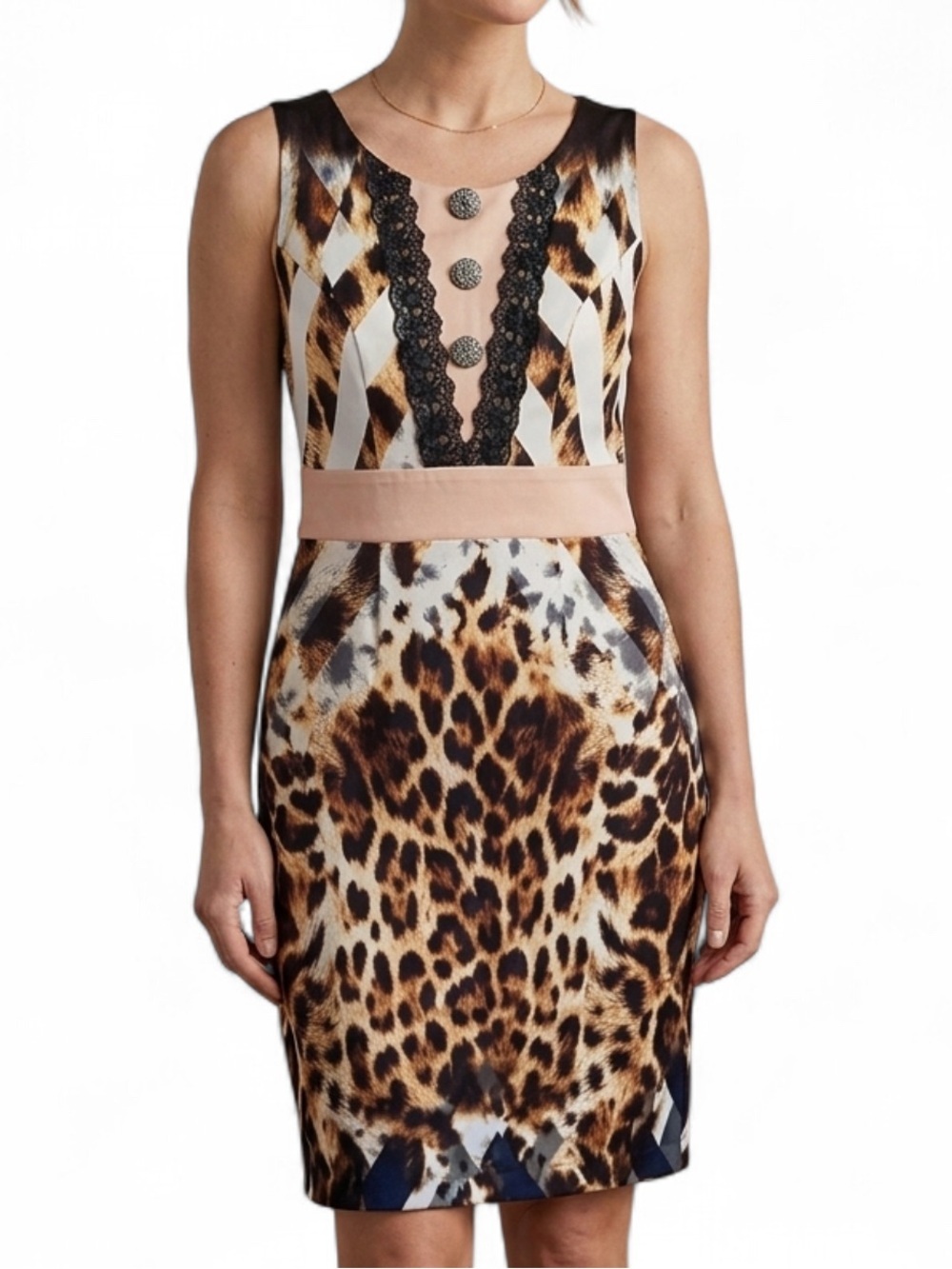 Elegant Animal Print Midi Dress with Lace Accents - Picture 1 of 8